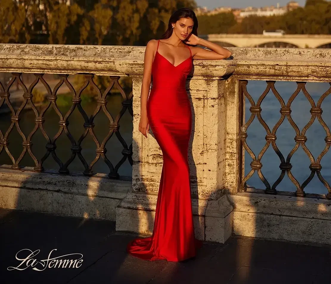 Model Pictured in Red Prom Dress