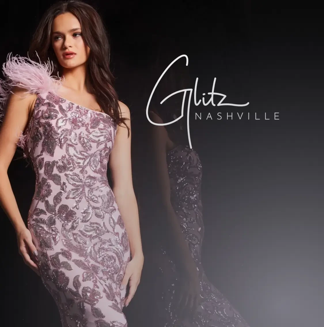 Model wearing a pink gown. Mobile image