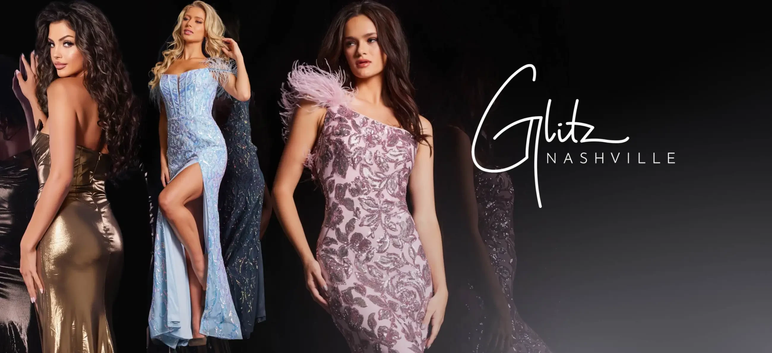 Models wearing prom gowns