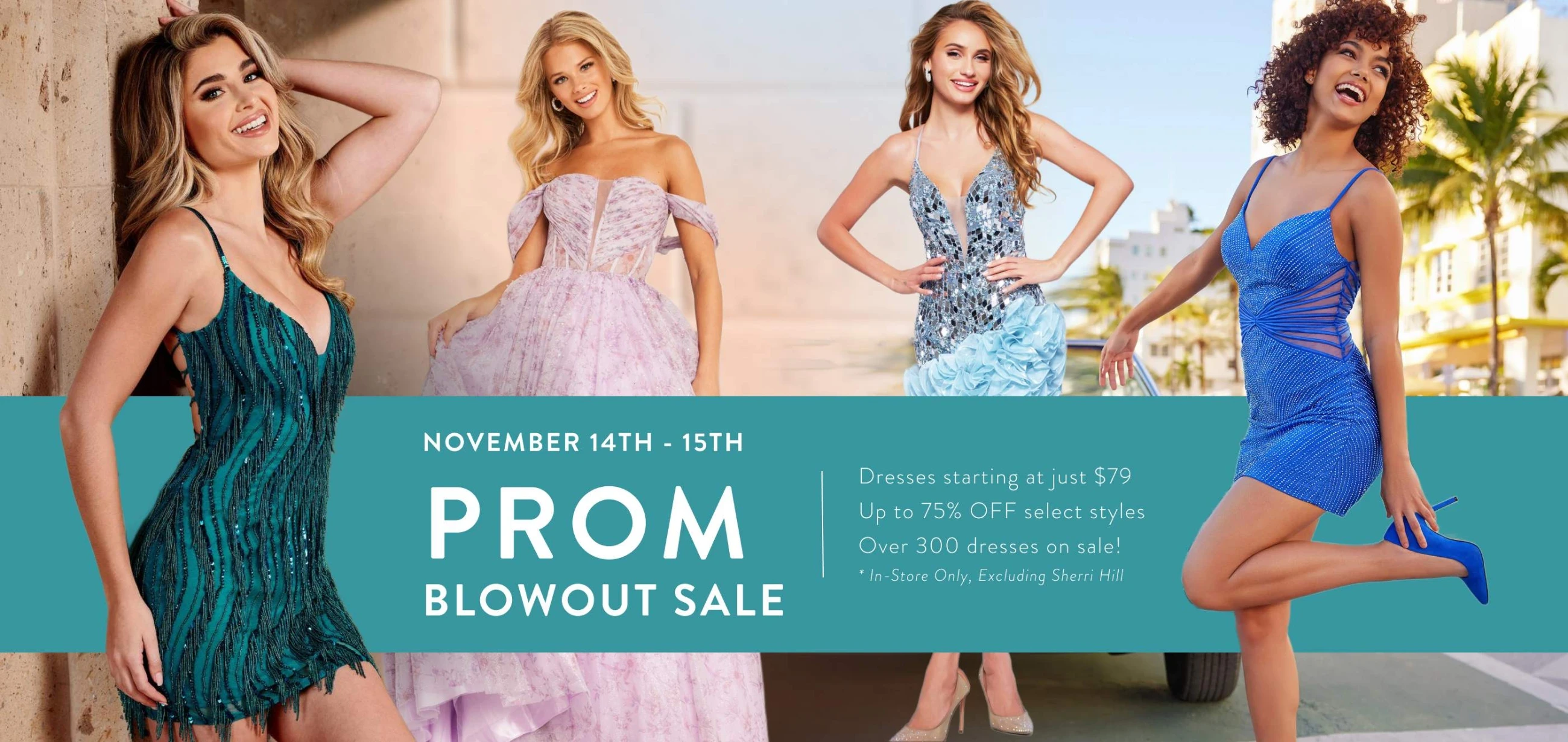 Models wearing Prom dresses, Prom Blowout Sale desktop banner
