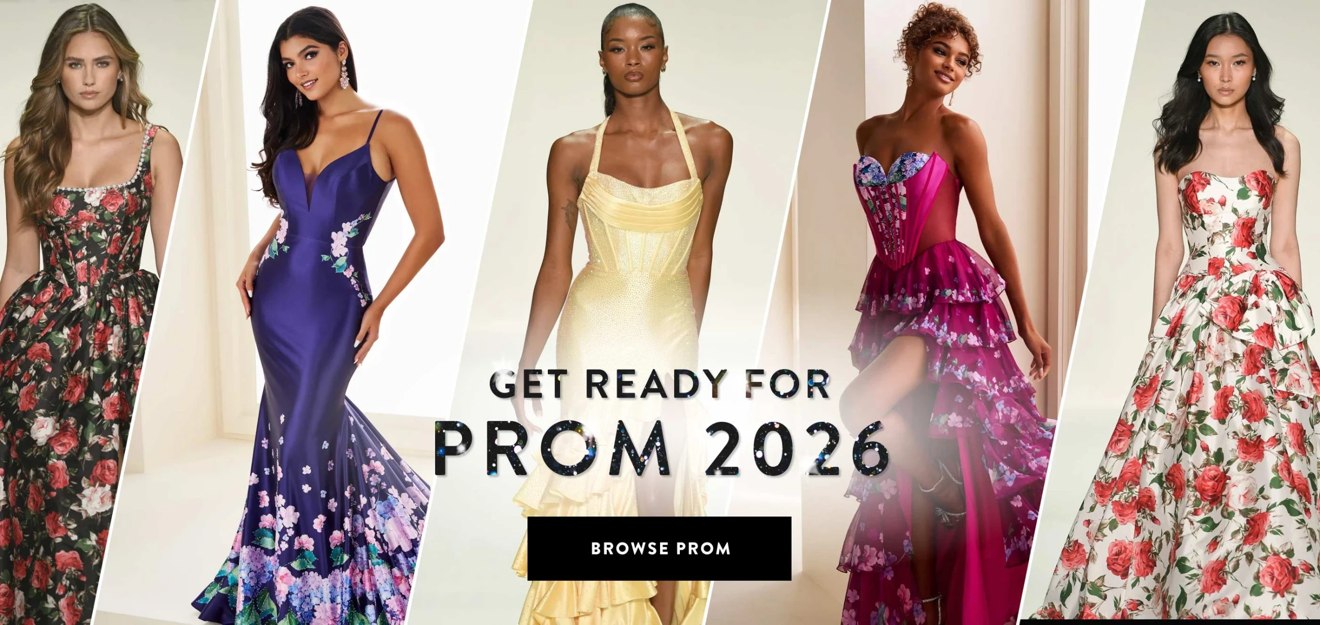 Models wearing prom 2026 gown, desktop banner