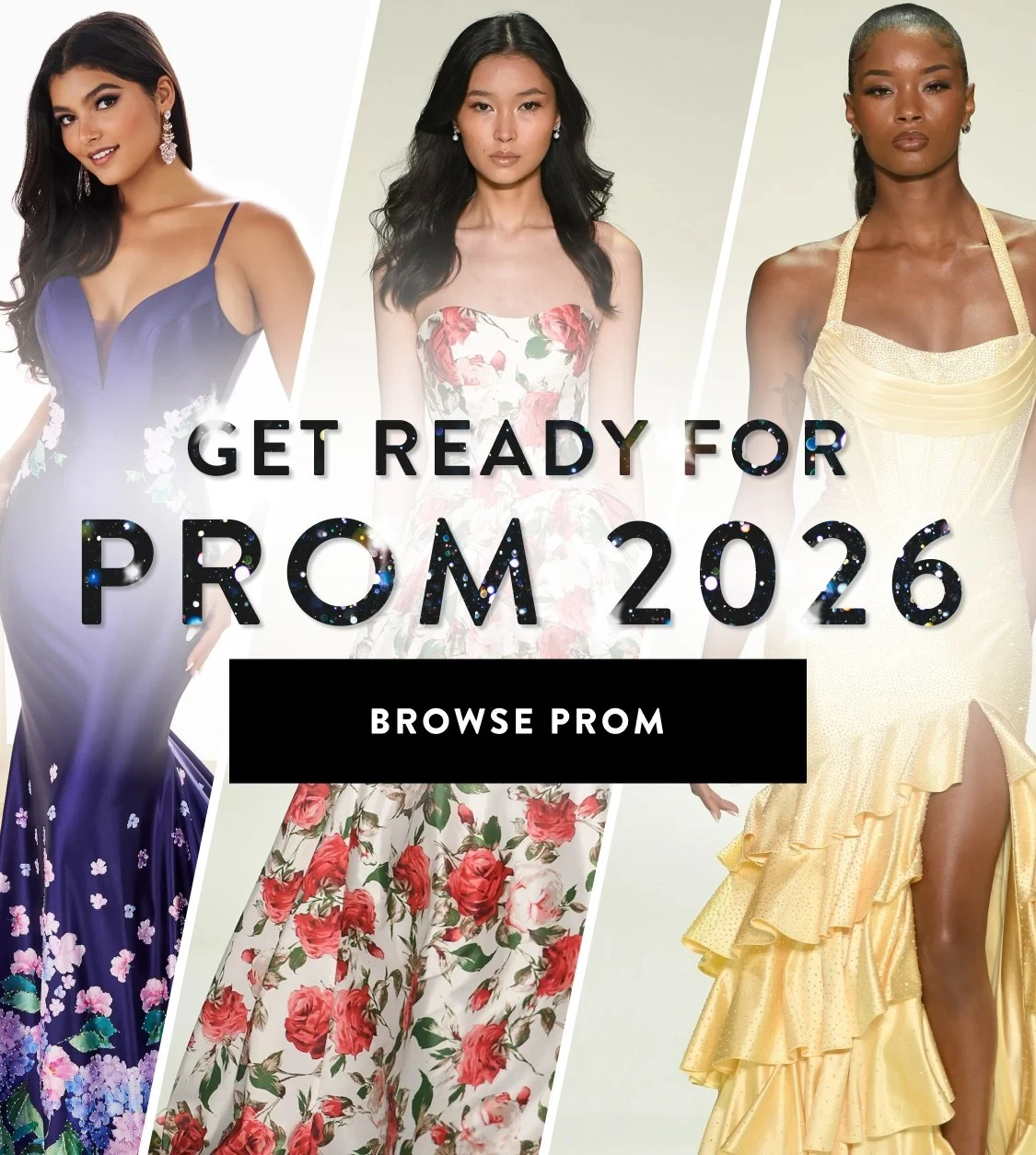 Models wearing prom 2026 gown, mobile banner